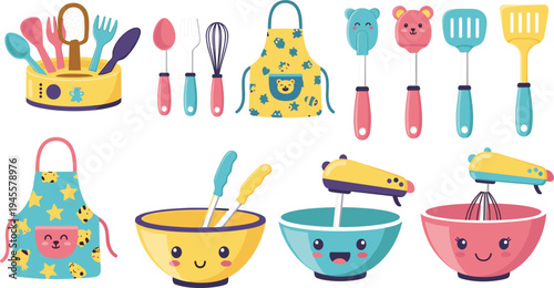 Colorful Kids Kitchen Set with Cute Cooking Tools, Mixing Bowls, Aprons, Spatulas, and Electric Hand Mixer for Playful Cooking Fun.