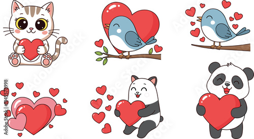 Cute Animals with Hearts, Including Cat, Bird, and Panda for Valentine's Day, Love and Affection Themes.