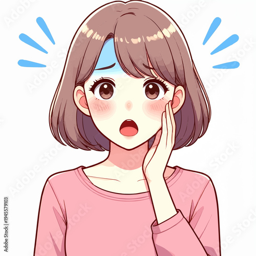 Anime girl with short brown hair looking shocked and surprised with hand on cheek and sweatdrops.