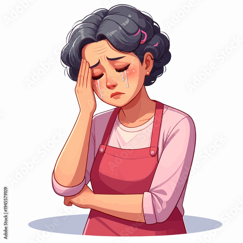 An illustration of a distressed woman with dark hair, wearing a pink apron, crying with her hand on her forehead, depicting sadness or a headache.