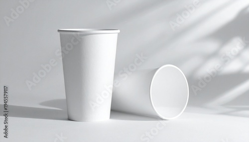Two plain white paper cups on a flat surface with light gray background, one upright and one lying on its side, soft shadows creating minimalist depth.