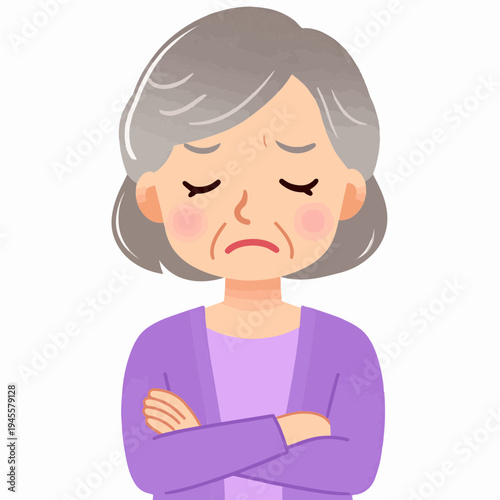 Elderly woman with grey hair looking sad and upset, arms crossed, cartoon illustration.