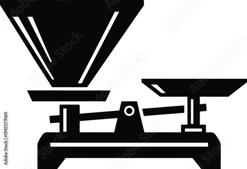 A black and white image of a two pan balance scale with a funnel on one side