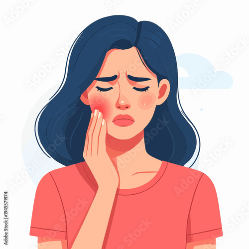 Illustration of a young woman experiencing toothache or jaw pain, holding her cheek with a pained expression.