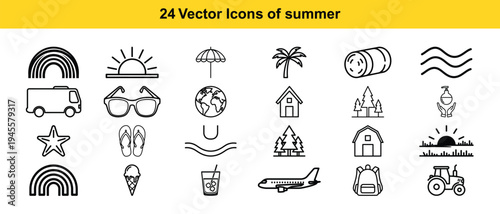 Collection of twenty-four summer-themed vector icons for various activities and elements Vector