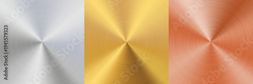 Set of polished metal radial gradient. Silver, gold and copper color square templates. Iridescent foil surface. Great for web design, banner, poster