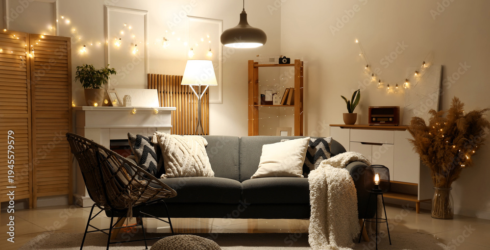 Fototapeta premium Interior of living room with sofa, armchair and glowing lights in evening