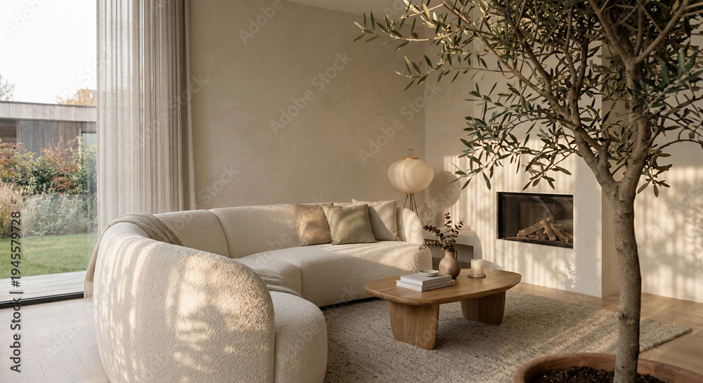 Naklejka premium A modern living room with a large, curved, cream-colored bouclé sofa, a wooden coffee table with books and a vase, a fireplace, and an olive tree in a pot. 