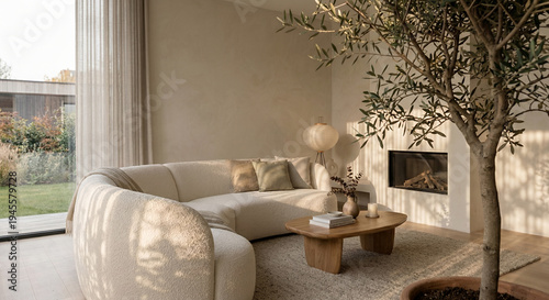 A modern living room with a large, curved, cream-colored bouclé sofa, a wooden coffee table with books and a vase, a fireplace, and an olive tree in a pot. 