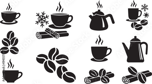 Winter Coffee and Tea Icon Set with Snowflakes and Spices