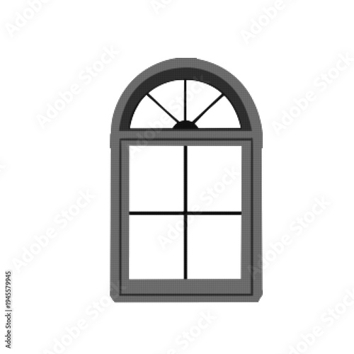 Arched window frame with pane divisions in halftone style isolated on white background. Classic architectural window illustration symbolizing home, interior, light and building design.