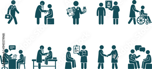 Professional Medical Services Icon Set Featuring Doctor Consultation Patient Examination X-ray Analysis and Healthcare Practitioner Silhouettes