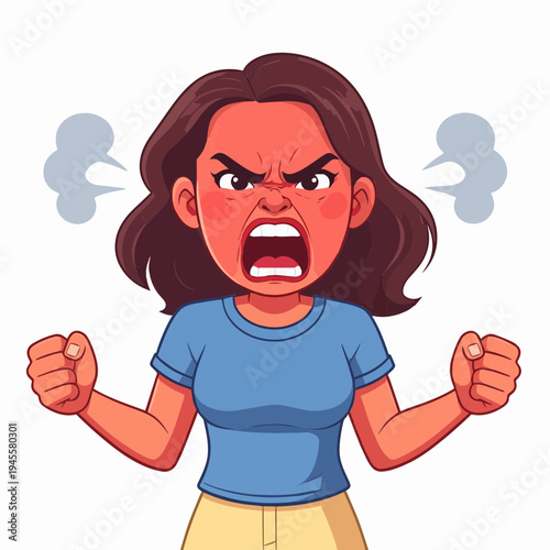 A cartoon illustration of an extremely angry woman with a red face, furrowed brows, open mouth screaming, and clenched fists, with steam coming from her head.