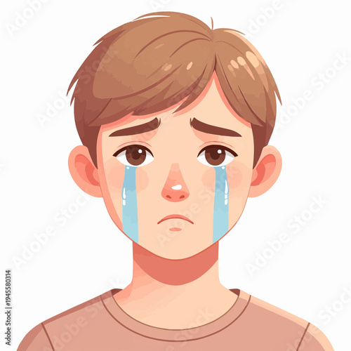 A cartoon illustration of a sad young boy with brown hair crying with tears streaming down his face, expressing sorrow and distress.