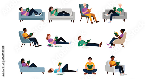 Diverse people enjoying reading books while relaxing on furniture