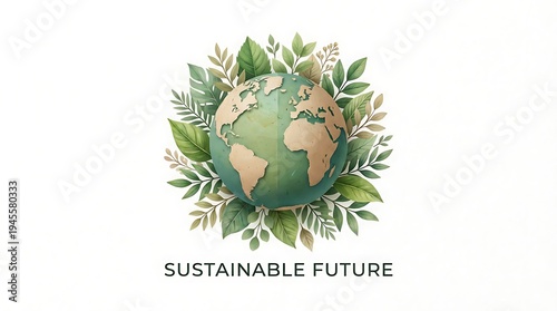 Sustainable future concept with globe surrounded by green leaves, environmental awareness, eco-friendly lifestyle, nature conservation, green energy, climate change solution