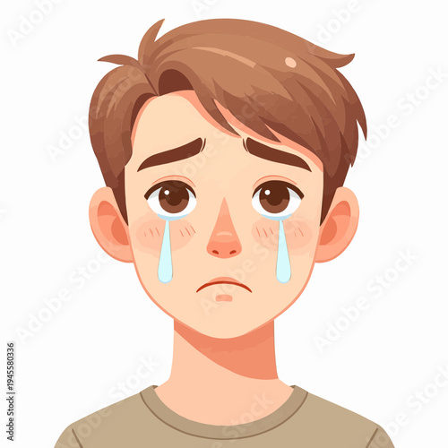 A cartoon illustration of a young man with brown hair and a sad expression, crying with tears streaming down his face.