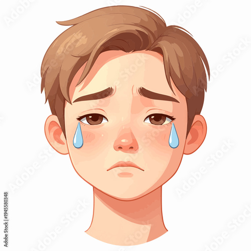 A cartoon illustration of a sad young boy crying with tears streaming down his face, depicting sorrow and distress.