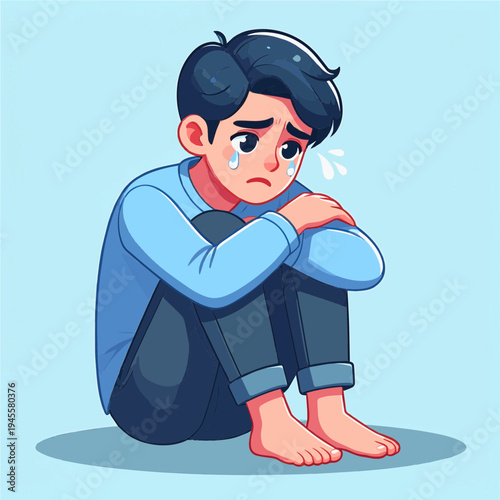 A sad cartoon boy sitting alone and crying with tears on a light blue background.