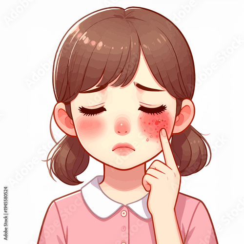 Cartoon girl with a worried expression pointing to a red rash on her cheek, indicating skin irritation or an allergic reaction.