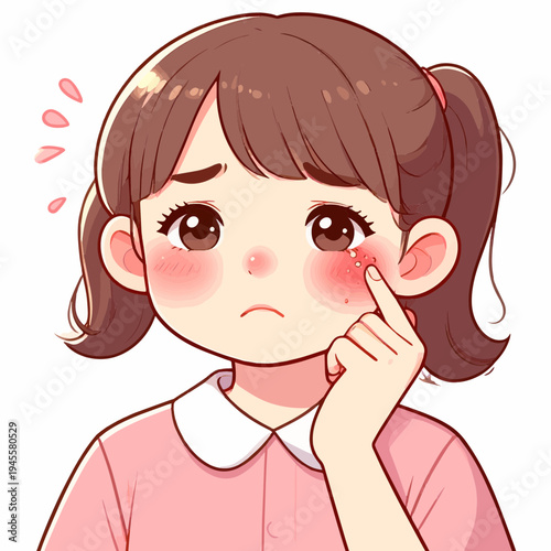 Cartoon girl with a worried expression pointing to a red, irritated spot on her cheek, indicating a skin problem or allergy.