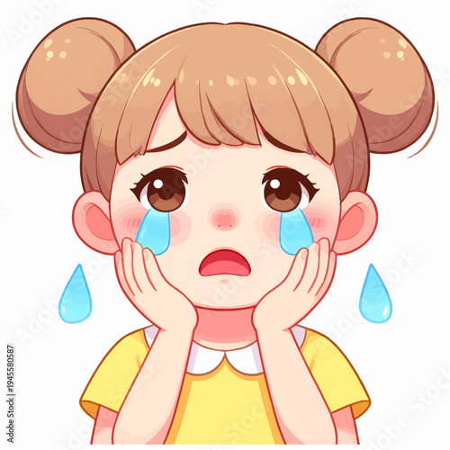 Cute cartoon girl with pigtails crying sadly with tears streaming down her face, expressing deep sorrow and distress.