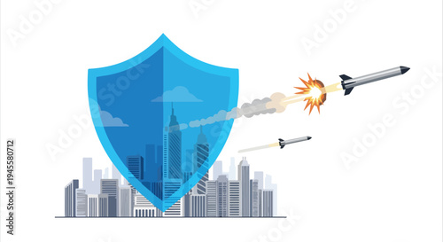 Flat 2D illustration of a blue shield defending a city skyline from missiles in a concept of defense.