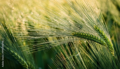Close Up Of Fresh Green Barley Ear Covered With Sparkling Water Droplets In A Field