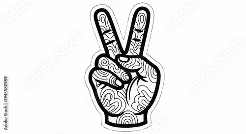 Hand making peace sign with abstract pattern.