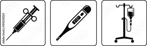 Professional Medical Equipment Icon Set Featuring Syringe Hypodermic Needle Digital Thermometer and IV Drip Stand Silhouettes for Healthcare Branding