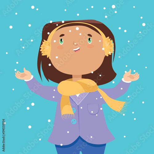 A cute girl with open arms rejoices at the first snow