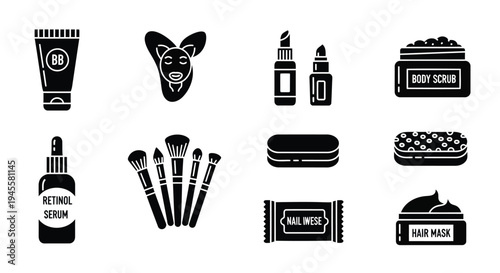 Set of 10 black beauty and skincare icons vector