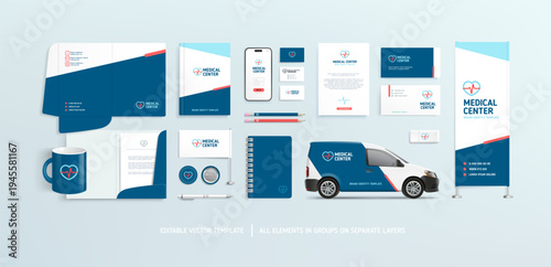 Medical clinic Brand Identity set of logo with abstract graphics design on promo items and stationery mockup - vector template for pharmacy, medicine theme
