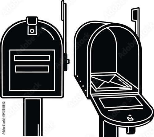 Black and white illustration of a closed and open mailbox