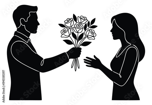Silhouette illustration of man giving roses to woman depicting romantic gesture for relationship and dating design