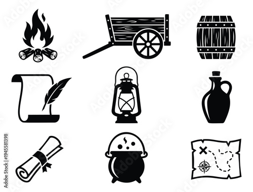 Silhouette icon set of 9 vintage exploration symbols featuring campfire, wagon and treasure map for adventure design