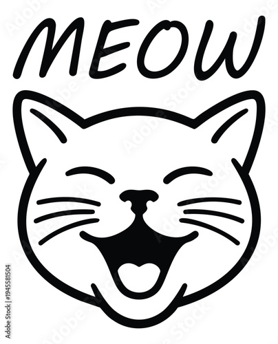 Bold cartoon illustration of smiling cat face with meow text depicting happy feline expression for pet and animal design
