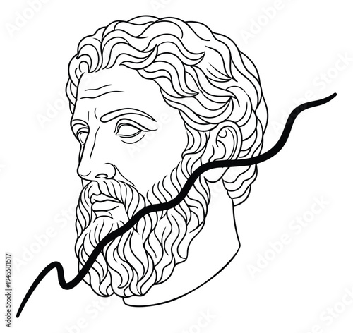 Line art illustration of classical Greek philosopher bust depicting ancient sculpture for historical design