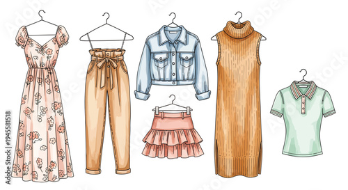 Set of 6 clothing items vector illustrations