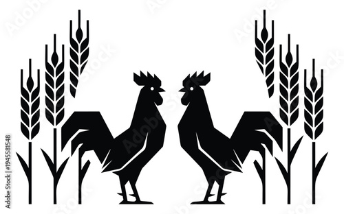 Silhouette illustration of two roosters facing wheat stalks depicting farm harvest scene for agricultural design