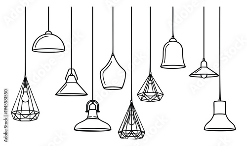 Outline illustration set of 9 pendant lamps featuring modern, vintage and geometric lighting fixtures for interior design