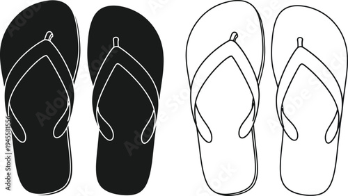 A pair of black and white flip flops side by side