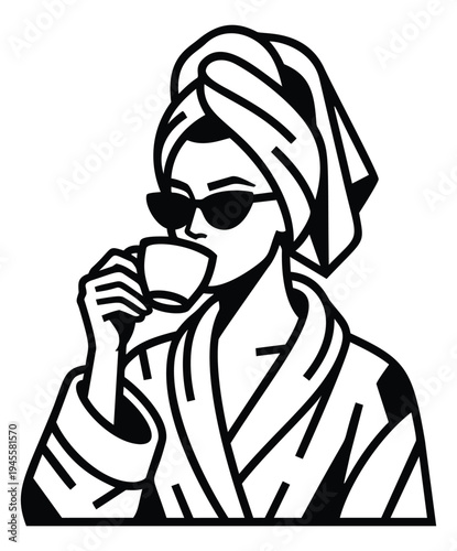 Cartoon illustration of fashionable woman wearing towel and sunglasses holding coffee cup for beauty and lifestyle design