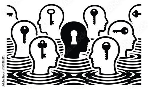 Engraving illustration of human heads with keys and keyhole depicting psychology and access concepts for mental health design