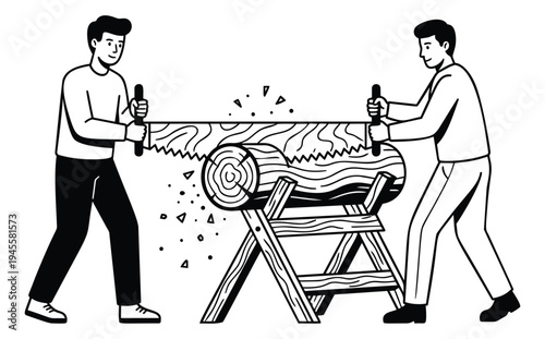 Line art illustration of two workers sawing log depicting teamwork and carpentry for construction and woodworking design