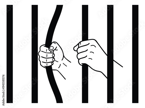 Line art illustration of hands gripping prison bars depicting incarceration and captivity for justice and freedom concepts