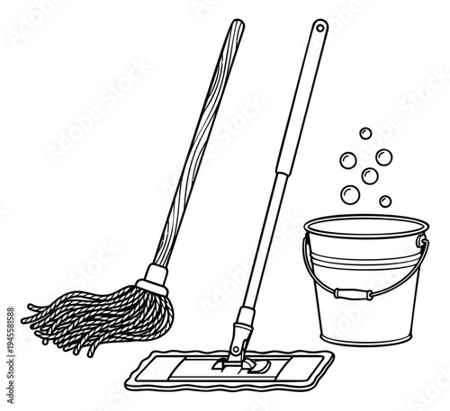 Line art illustration of cleaning tools featuring mop, bucket and soapy water for housekeeping and janitorial design