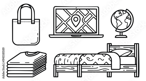 Outline icon set of 5 hospitality essentials featuring tote bag, map navigation, globe, folded clothes and bedroom for travel and accommodation design