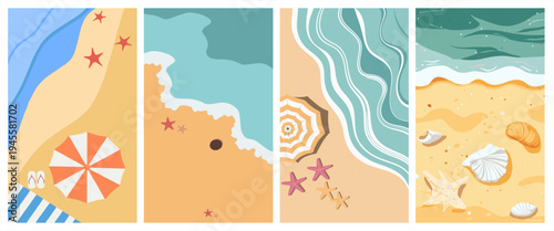 Set of top-down beach landscape illustrations featuring waves, sand, seashells, and umbrellas in a clean flat design style for summer travel themes.