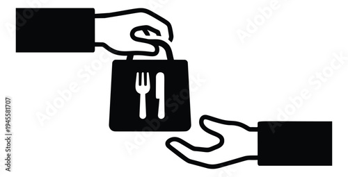 Silhouette illustration of hands exchanging food delivery bag depicting restaurant service for hospitality design